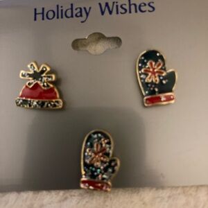 New Adorable Christmas TRIO OF PINS Winter Theme on Card Mittens/Hat w Sparkle